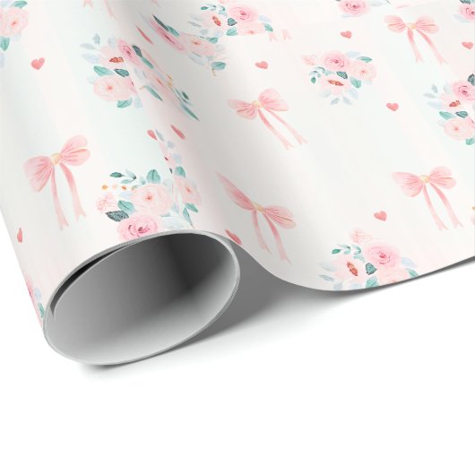 Soft Pink Floral & Bow Pattern – Cute Romantic  Cadeaupapier (Rol Hoek)