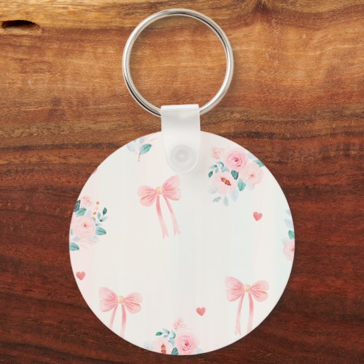 Soft Pink Floral & Bow Pattern – Cute Romantic  Sleutelhanger (Achterkant)