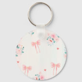 Soft Pink Floral & Bow Pattern – Cute Romantic  Sleutelhanger (Achterkant)