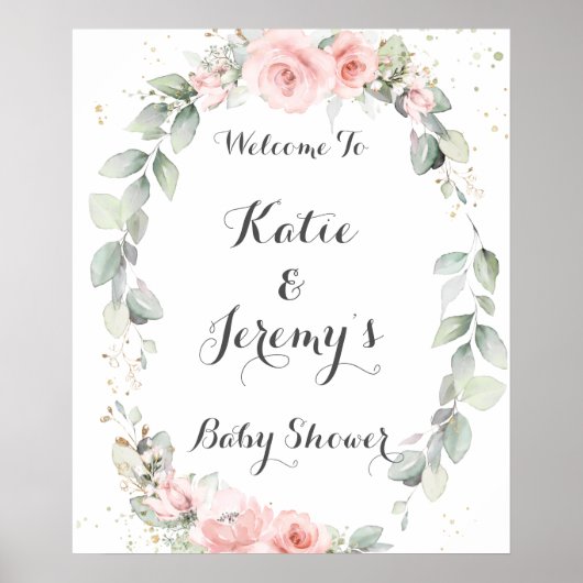 Soft Pink Floral Greenery Baby shower Welkom Poster (Voorkant)