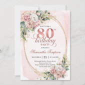 Soft Pink Floral Greenery Gold Glitter 80th Bday Kaart (Voorkant)