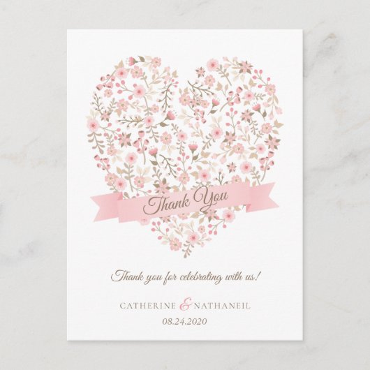 Soft Pink Floral Heart Weddenschap Bedankt Briefkaart (Voorkant)