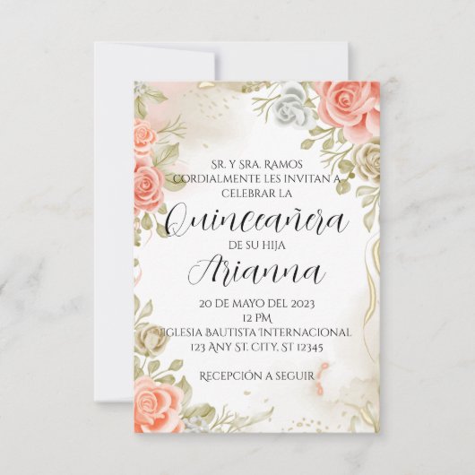 Soft Pink Floral Quinceañera Uitnodiging/Weddensch Kaart (Voorkant)