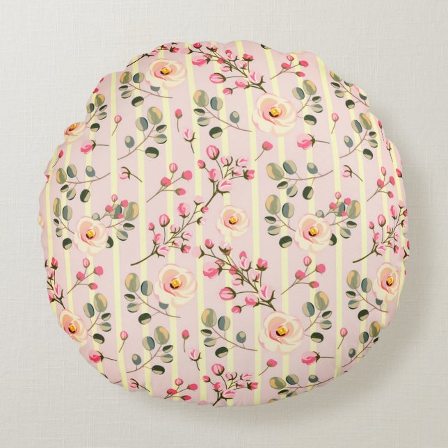 Soft Pink Floral Stripe Pattern Rond Kussen (Voorkant)