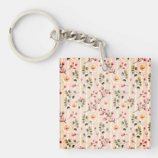 Soft Pink Floral Stripe Pattern Sleutelhanger (voorkant)