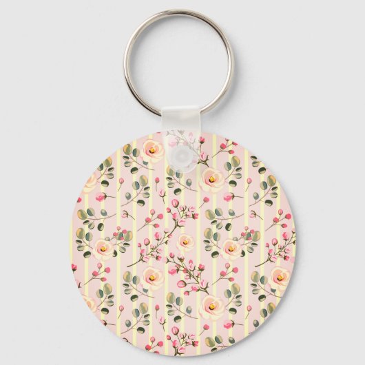Soft Pink Floral Stripe Pattern Sleutelhanger (Voorkant)