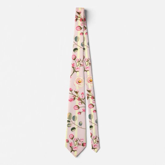 Soft Pink Floral Stripe Pattern Stropdas (Voorkant)
