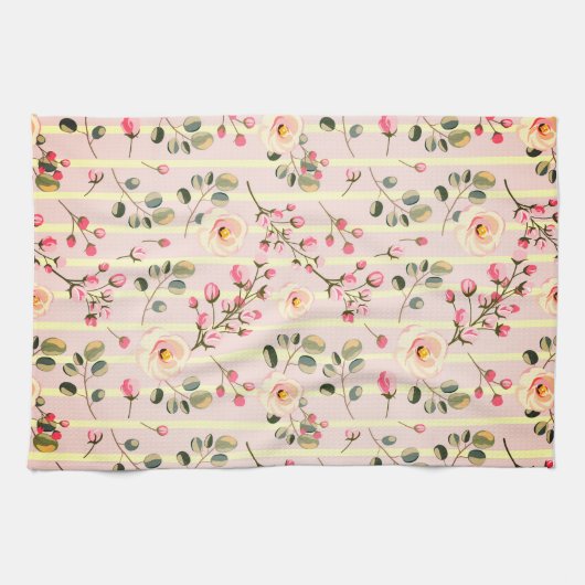 Soft Pink Floral Stripe Pattern Theedoek (Horizontaal)