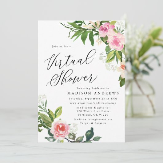 Soft Pink Floral Virtual Vrijgezellenfeest Kaart (Staand voorkant)