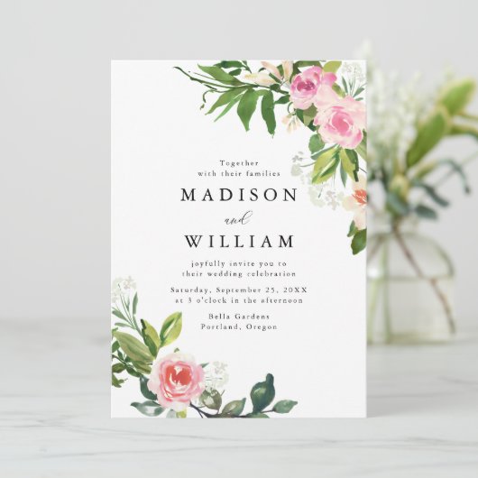 Soft Pink Floral Wedding Kaart (Staand voorkant)