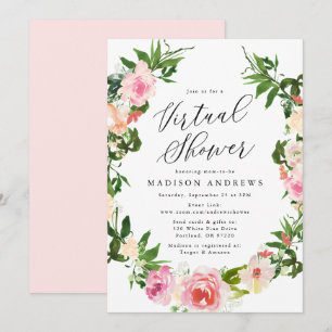 Soft Pink Floral Wreath Virtual Baby shower Kaart