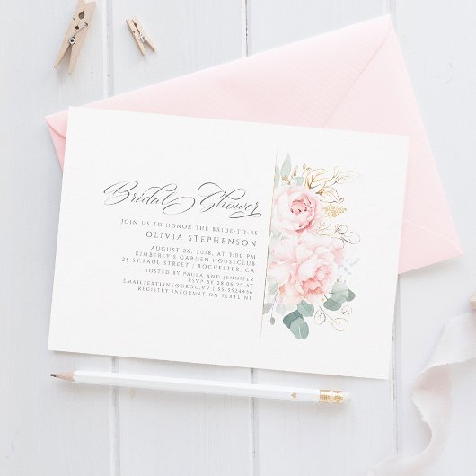 Soft Pink Flowers en Gold Greenery Vrijgezellenfee Kaart