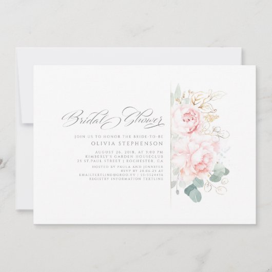 Soft Pink Flowers en Gold Greenery Vrijgezellenfee Kaart (Voorkant)