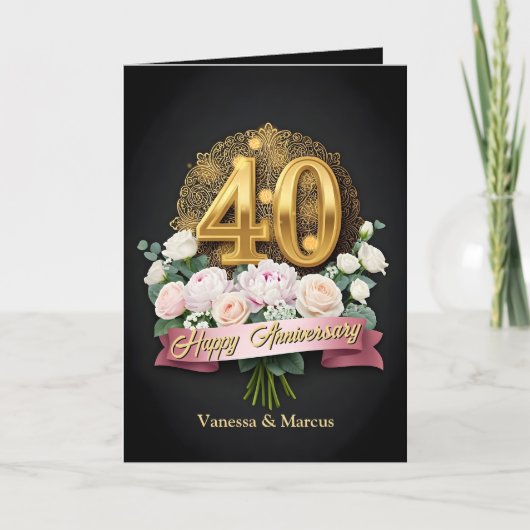 Soft Pink Flowers & Gold 40th Wedding Jubileum Kaart (Voorkant)