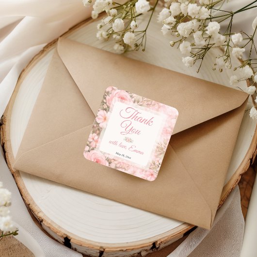 Soft Pink Garden Bloom Thank You Vierkante Sticker