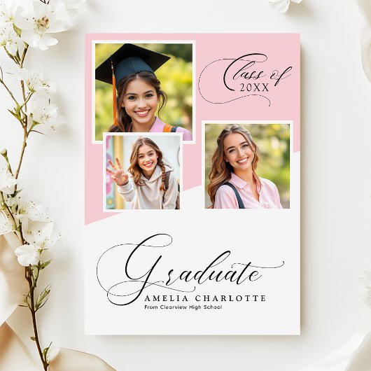 Soft Pink Girly Modern Photo Collage Graduation Aankondiging