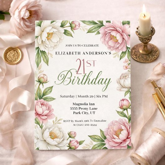 Soft Pink Magnolia and Peony 21st Birthday  Kaart