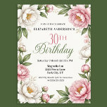 Soft Pink Magnolia and Peony 30th Birthday  Kaart<br><div class="desc">Celebrate a milestone moment with this elegant floral 30th birthday invitation featuring a graceful botanical design inspired by romantic garden blooms. Soft pink peonies and creamy white magnolia flowers frame the layout with lush green leaves, creating a timeless and feminine aesthetic that is perfect for a sophisticated birthday celebration. The...</div>