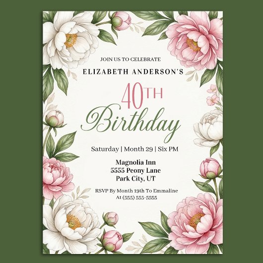 Soft Pink Magnolia and Peony 40th Birthday  Kaart