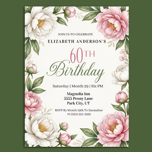Soft Pink Magnolia and Peony 60th Birthday  Kaart