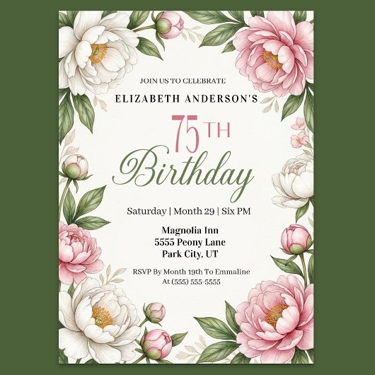Soft Pink Magnolia and Peony 75th Birthday  Kaart