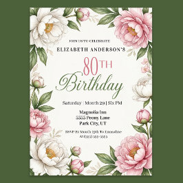 Soft Pink Magnolia and Peony 80th Birthday  Kaart
