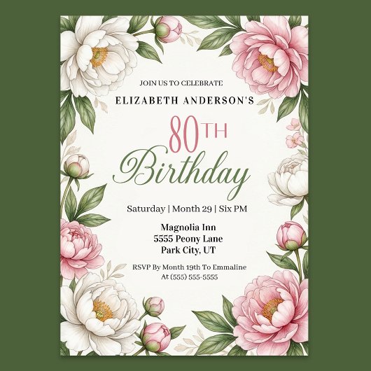 Soft Pink Magnolia and Peony 80th Birthday Kaart