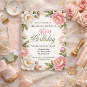 Soft Pink Magnolia and Peony 90th Birthday  Kaart