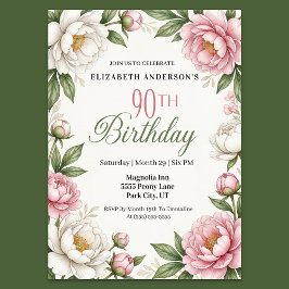Soft Pink Magnolia and Peony 90th Birthday  Kaart