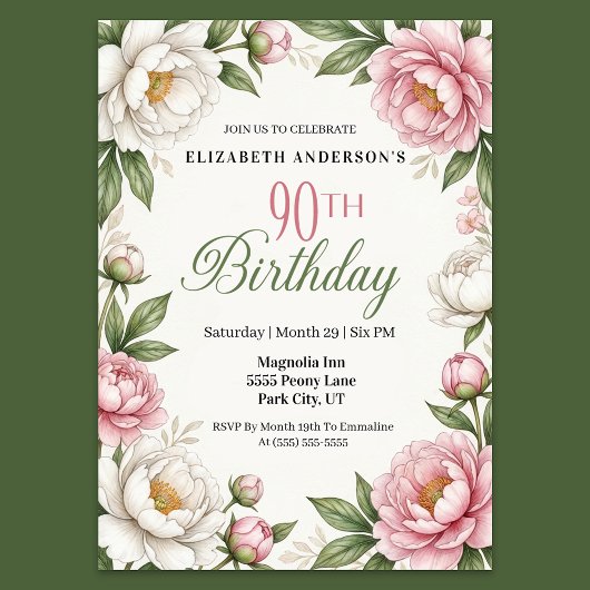 Soft Pink Magnolia and Peony 90th Birthday  Kaart
