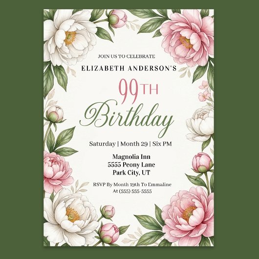 Soft Pink Magnolia and Peony 99th Birthday  Kaart