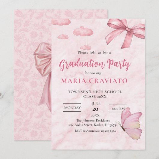 Soft Pink Marble Graduation Party Uitnodiging (Voorkant / Achterkant)