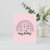 Soft pink minimalist heart with rainbow birthday briefkaart (Staand voorkant)