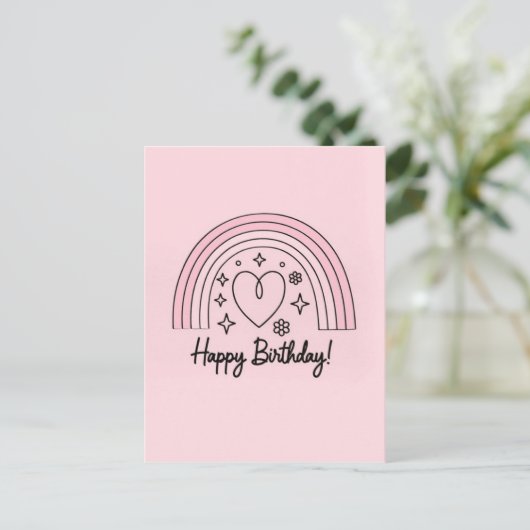 Soft pink minimalist heart with rainbow birthday briefkaart (Staand voorkant)