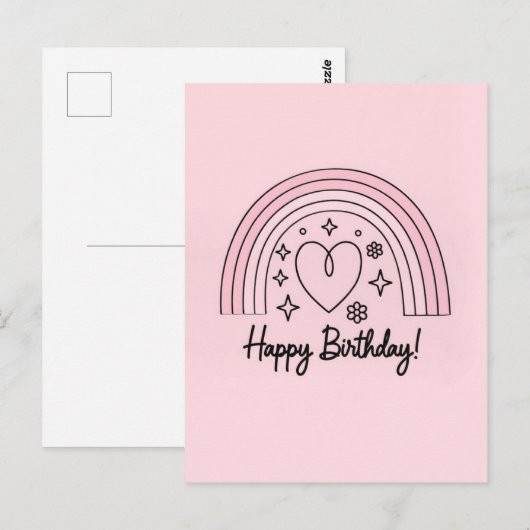 Soft pink minimalist heart with rainbow birthday briefkaart (Voorkant / Achterkant)