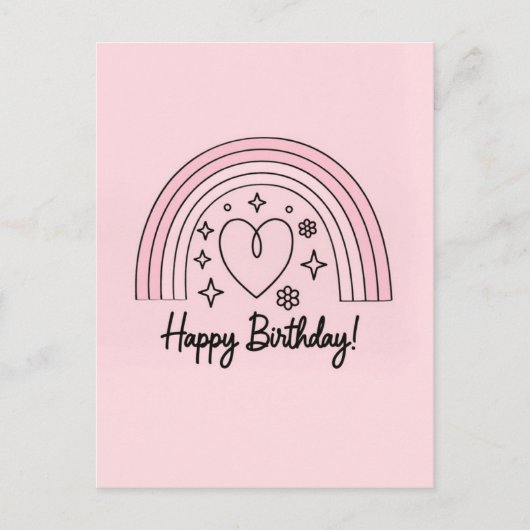Soft pink minimalist heart with rainbow birthday briefkaart (Voorkant)