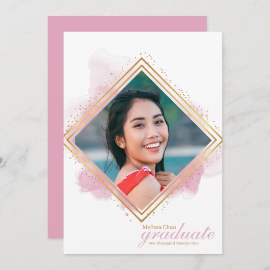 Soft Pink Pastel and Gold Diamond Afstuderen Invit Kaart (Voorkant / Achterkant)