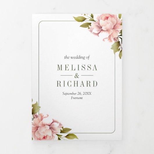 Soft Pink Peony Flowers Mason Jar QR Code Weddensc Drieluik Uitnodiging (Cover)