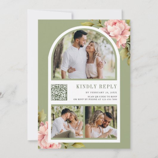 Soft Pink Peony Flowers Mason Jar QR Code Weddensc Kaart (Achterkant)