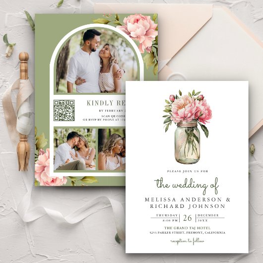 Soft Pink Peony Flowers Mason Jar QR Code Weddensc Kaart