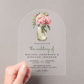 Soft Pink Peony Flowers Mason Jar Wedding Acryl Uitnodigingen (Insitu (Draagbaar))