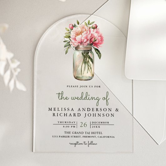 Soft Pink Peony Flowers Mason Jar Wedding Acryl Uitnodigingen