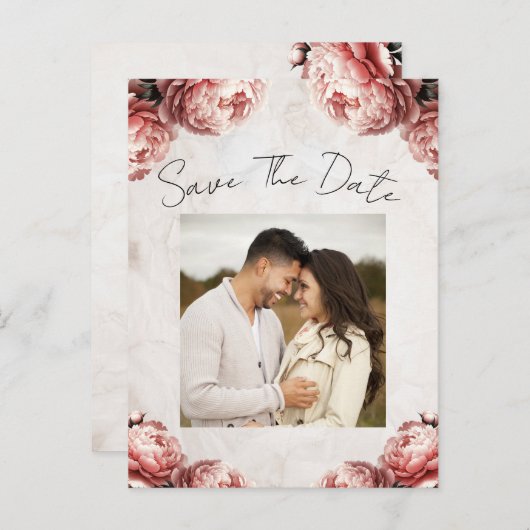 Soft Pink Peony Flowers Save the Date Aankondigingskaart (Voorkant / Achterkant)
