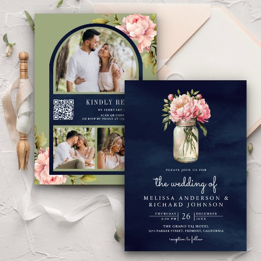 Soft Pink Peony Mason Jar QR Code Navy Weddenschap Kaart