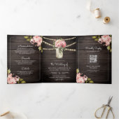 Soft Pink Peony Mason Jar QR Code Wood Weddenschap Drieluik Uitnodiging (Binnen)