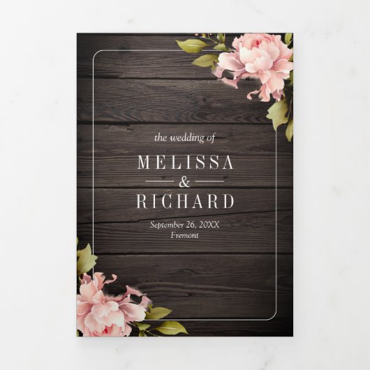 Soft Pink Peony Mason Jar QR Code Wood Weddenschap Drieluik Uitnodiging (Cover)