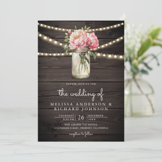 Soft Pink Peony Mason Jar QR Code Wood Weddenschap Kaart (Staand voorkant)