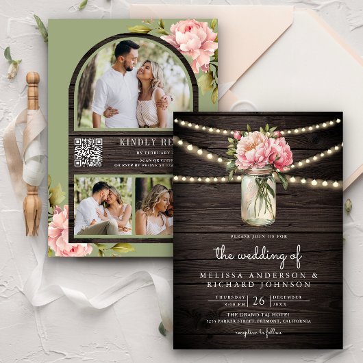 Soft Pink Peony Mason Jar QR Code Wood Weddenschap Kaart