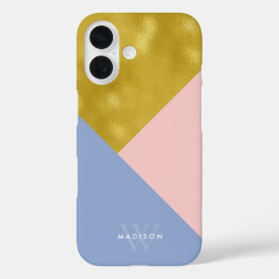 Soft Pink Periwinkle en Faux Gold Monogrammen iPhone 16 Hoesje