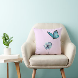 Soft Pink Pillow with Blue Flower and Butterfly Kussen